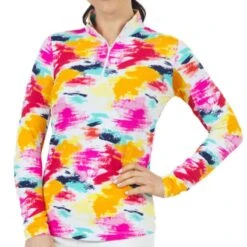 IBKUL Women&apos;s Matilda Print Long Sleeve Zip Mock Top