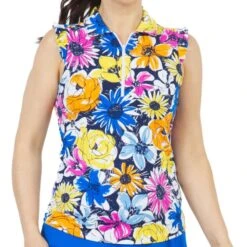 IBKUL Women&apos;s Medeline Print Ruffle Sleeveless Polo